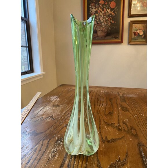 Vintage Green Swung Vase With White Stripe Stretch Glass Artistry 15" Tall - Picture 1 of 5